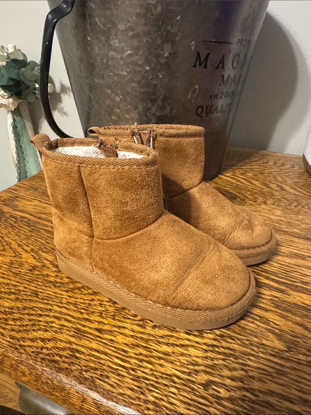 Kids Cozy Faux-Suede One-Piece Boots in Brown